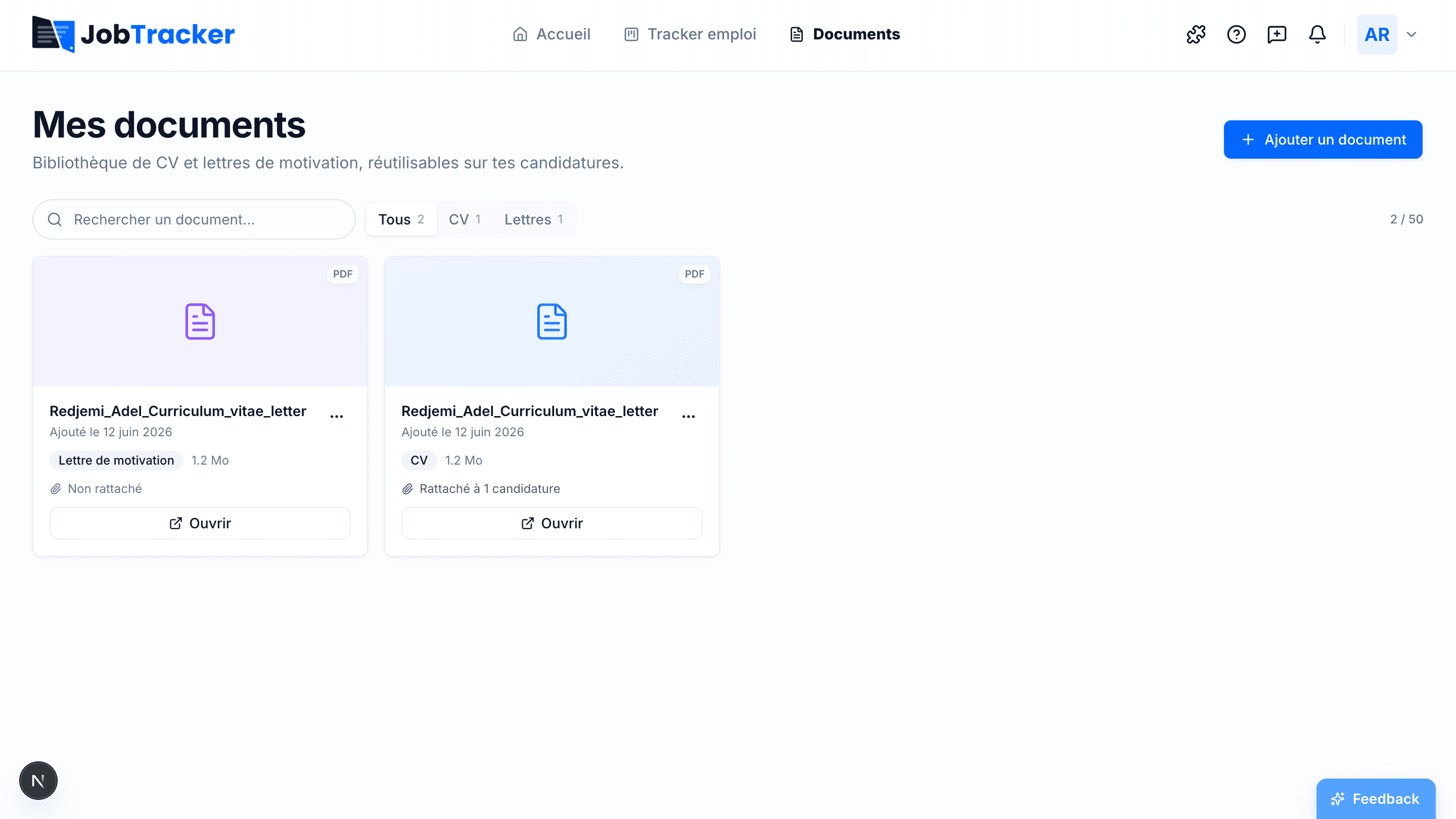 Page Documents de JobTracker : bibliothèque de CV et lettres de motivation avec aperçu