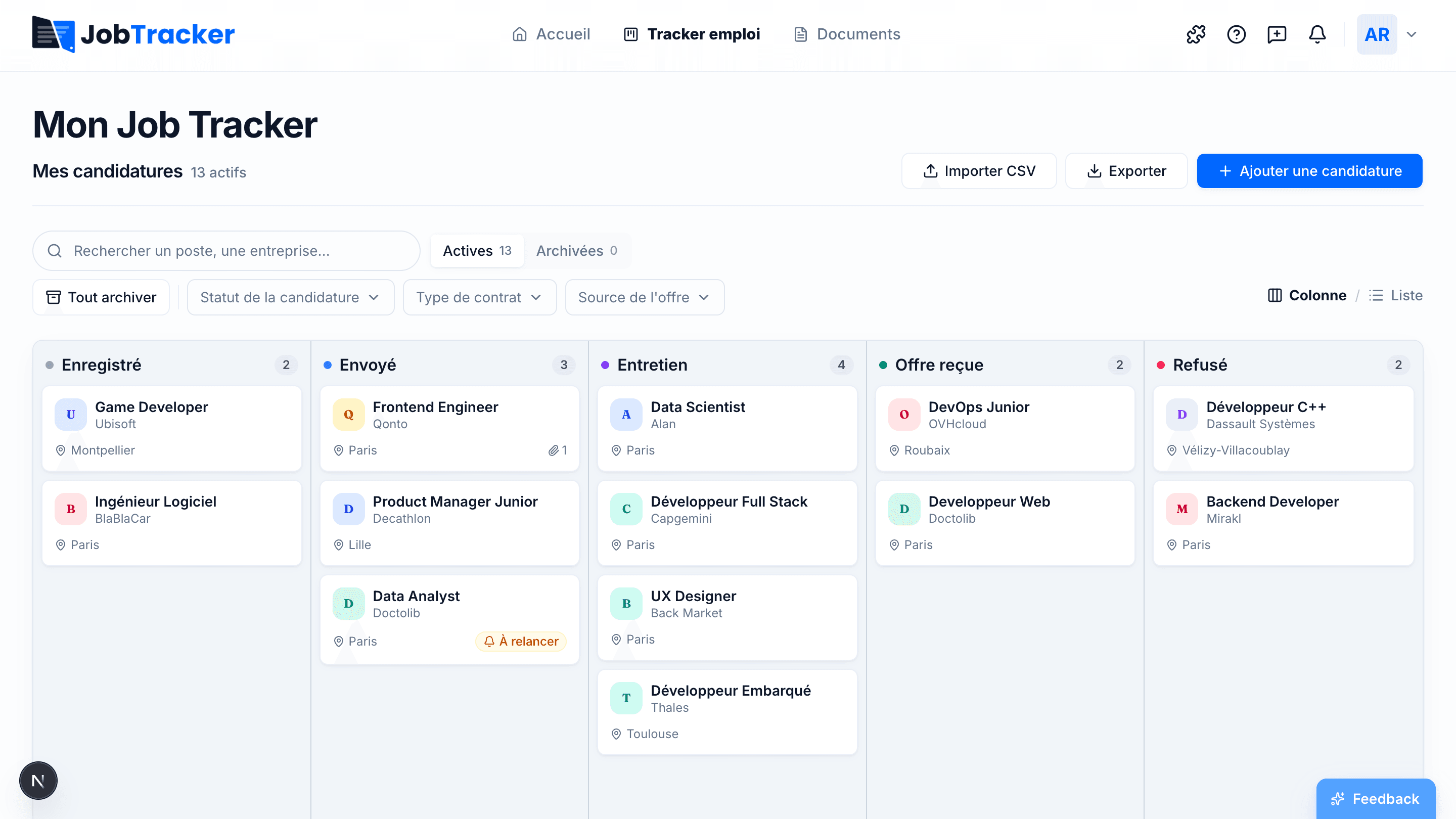 Vue Kanban du tracker JobTracker : candidatures réparties en colonnes par statut