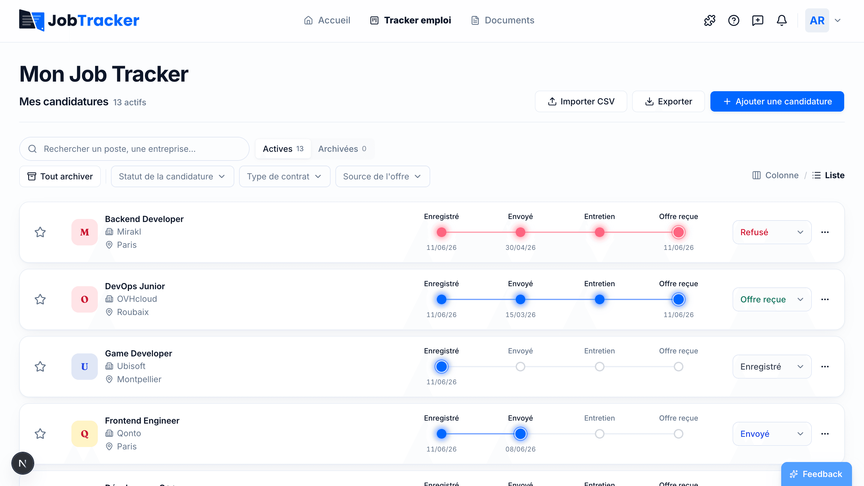 Vue liste du tracker JobTracker : chaque candidature avec sa frise d'étapes et ses dates